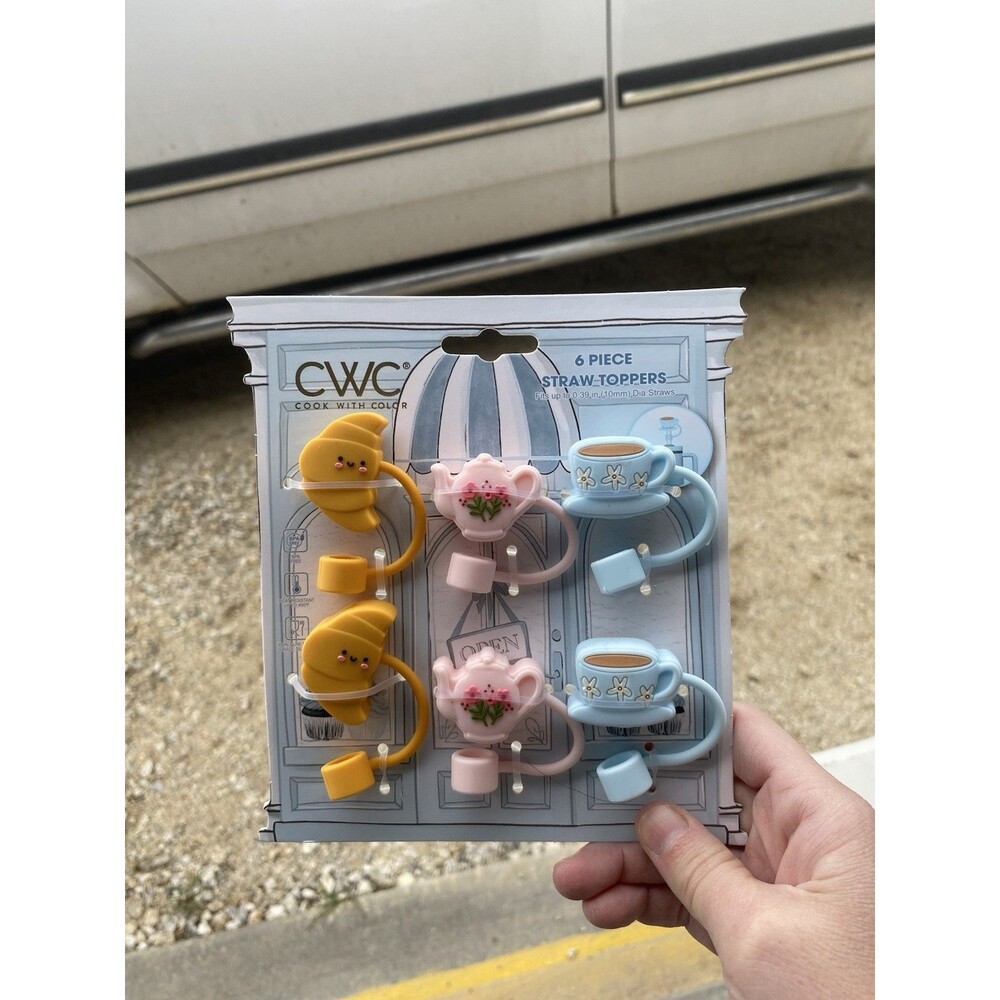 CWC Cook With Color  Silicone Straw Topper 6pc Set Croissant Teapot Tea Cup 10MM